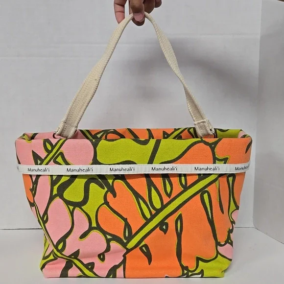 Vntg Manuheali'i (RARE) Multicolor Floral Canvas Tote Bag 10"X10"X6 1/2" Stp 20" - Picture 1 of 12